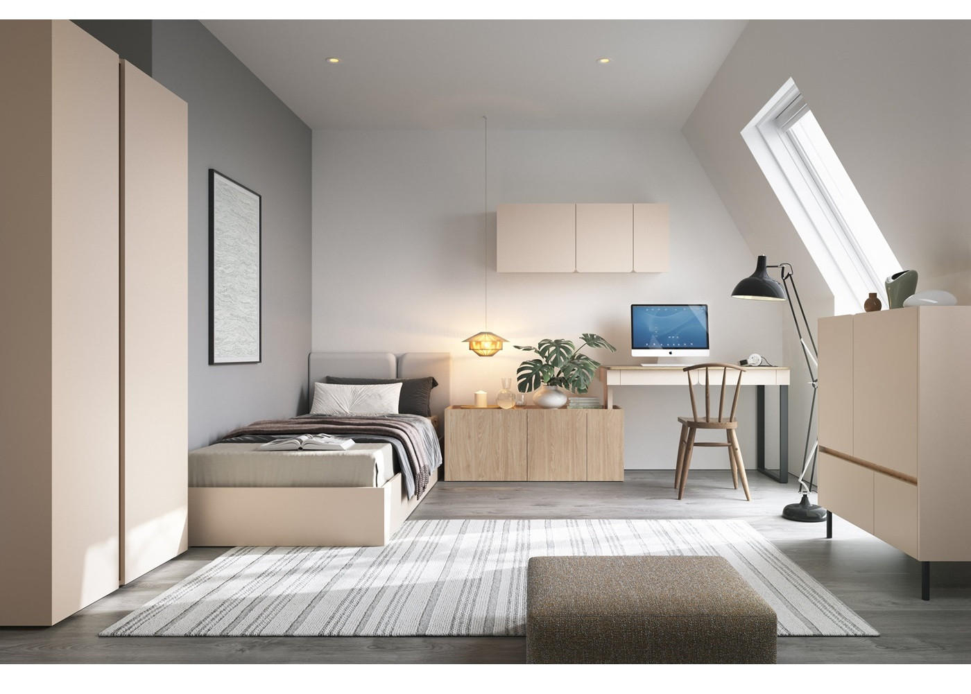 JUGENDZIMMER Laris Set A mit Bett 120 x 200 - Sandbeige / Eiche geölt - Eichefarben/Beige, Holzwerkstoff/Metall (90/50/195cm) - QMM TraumMöbel