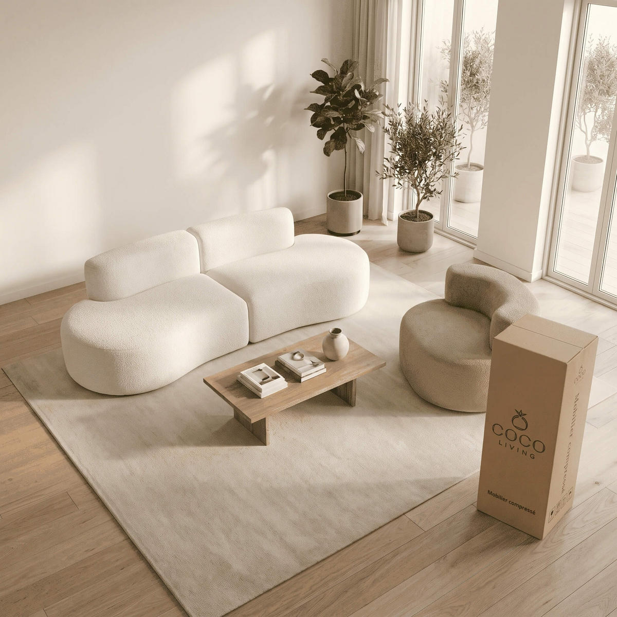 SITZGARNITUR Lounge Sofa und Sessel Weiß und Sand - Beige/Weiß, Textil (240/75/102cm) - COCO Living