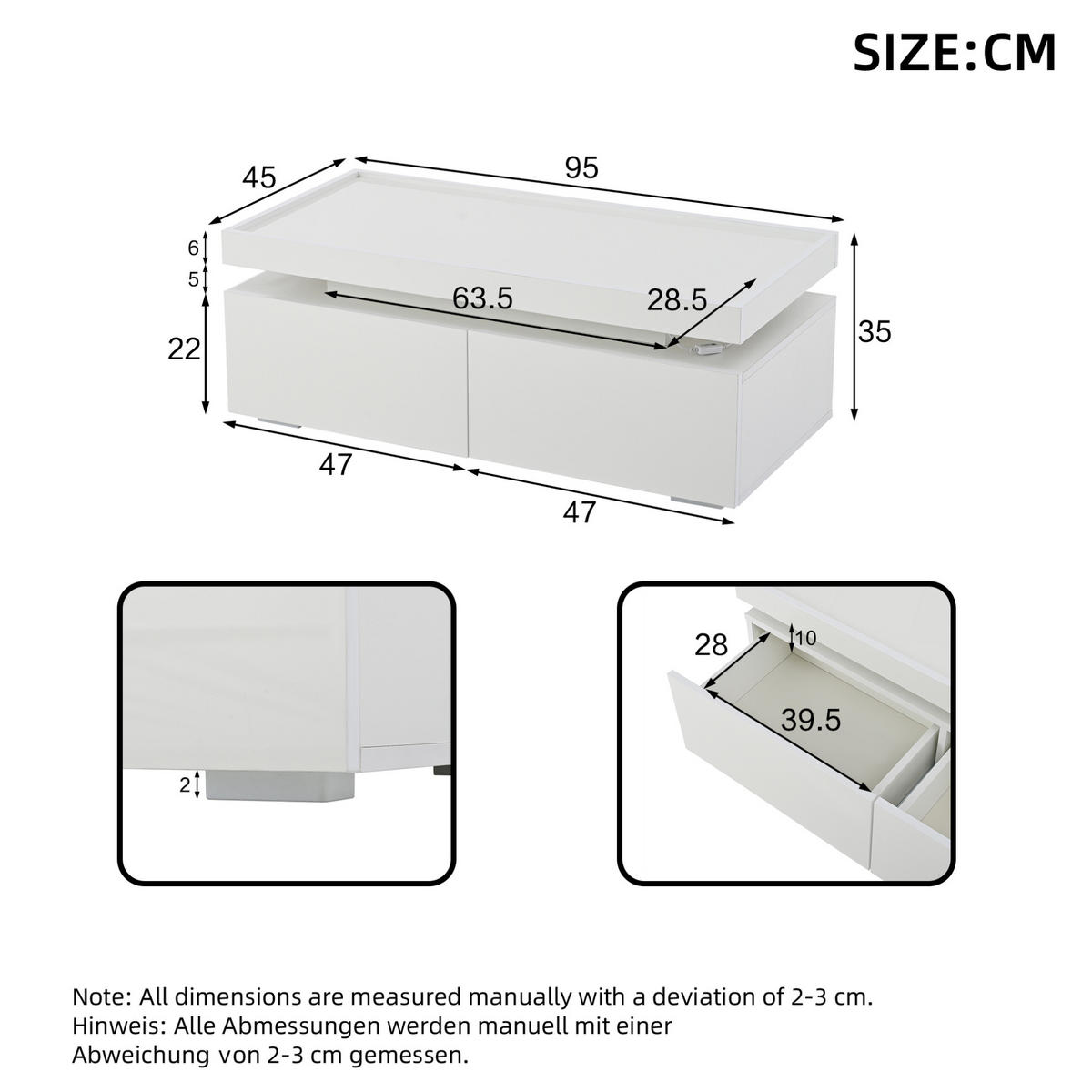 KONFERENČNÝ stolík s LED 95/45/35 cm, biely, 2 zásuvky - biela, kompozitné drevo (95/45/35cm) - Flora Grace