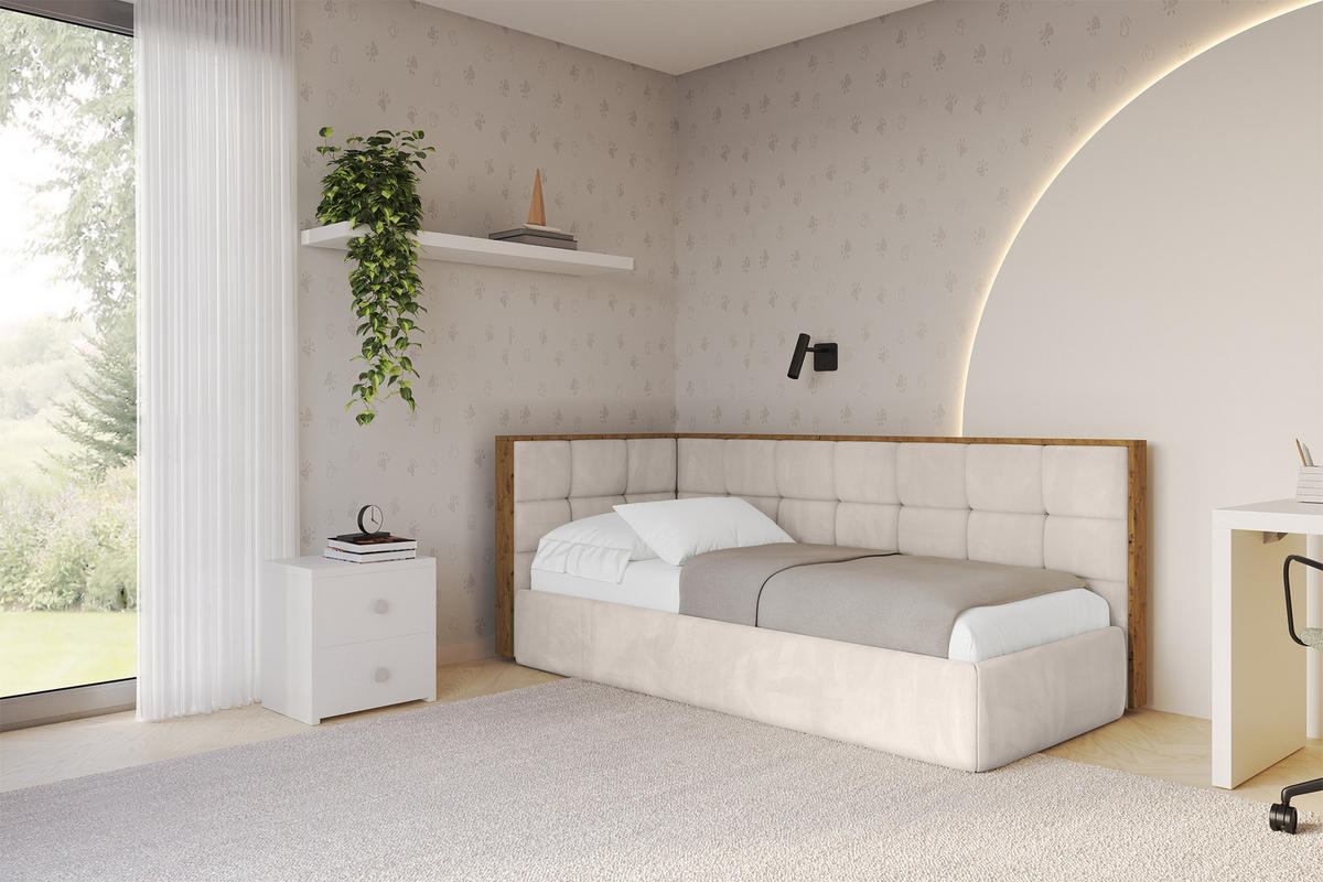 EINZELLBETT Jugendbett mit Bettkasten, Rechts - SOVY 100x200 Beige - Sandfarben, Holzwerkstoff/Textil (100/200cm) - ALTDECOR