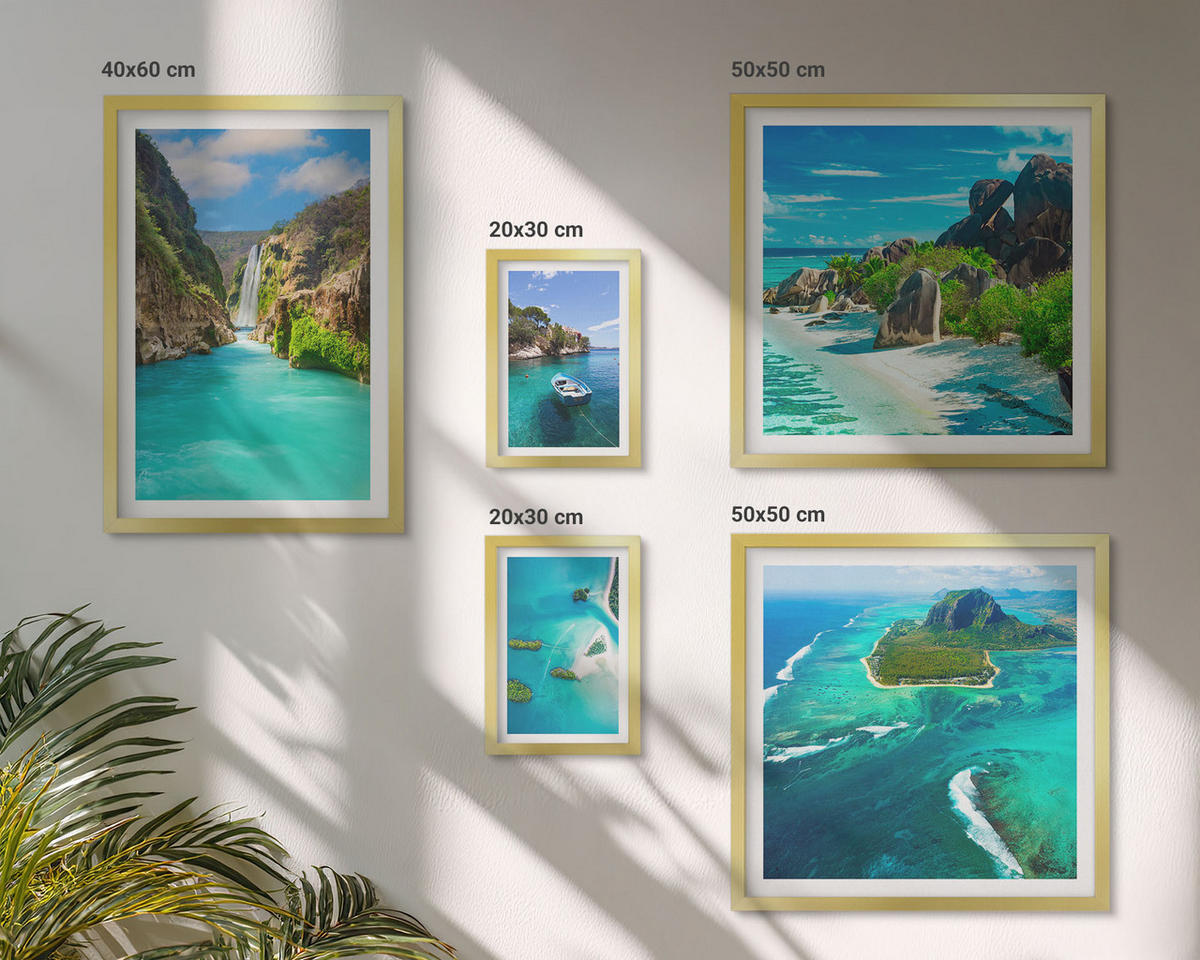 WANDBILDER 5er Set - 50x50 cm & 20x30 cm & 40x60 cm Goldrahmen - Seeboote Hirsche Berge - Goldfarben, Kunststoff (40/60cm) - ArtPrintCave