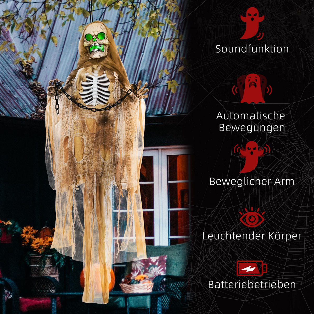 183CM Halloween Dekoration Hängendes Skelett mit LED-Lichter, Soundfunktion - Hellbraun, Kunststoff/Metall (18/183/70cm) - HOMCOM