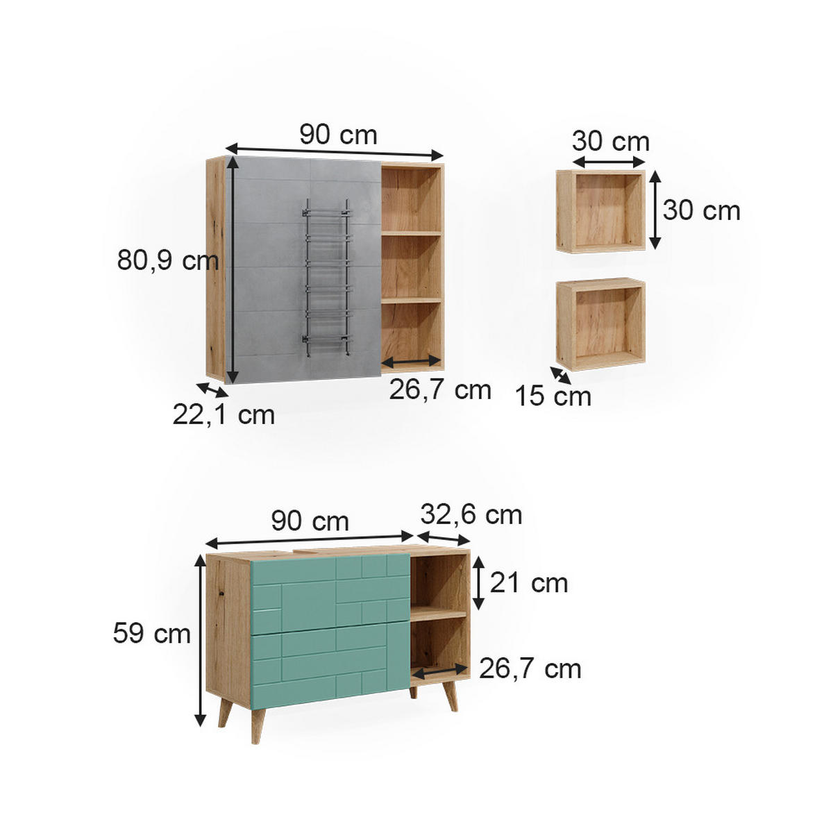 BADMÖBEL-SET Rudi Mintgrün 4 Teile - Eichefarben/Mintgrün, Holzwerkstoff (90/59/32cm) - Vicco