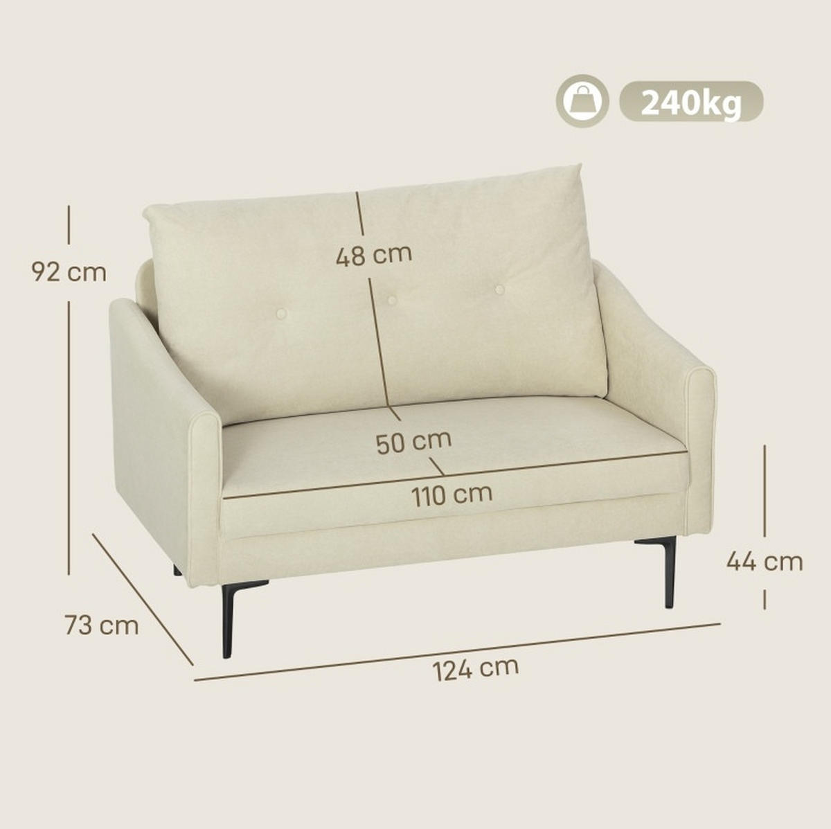 SOFA 2-Sitzer 124 cm Cream White - Weiß, Metall (124/92/73cm) - Meubliv