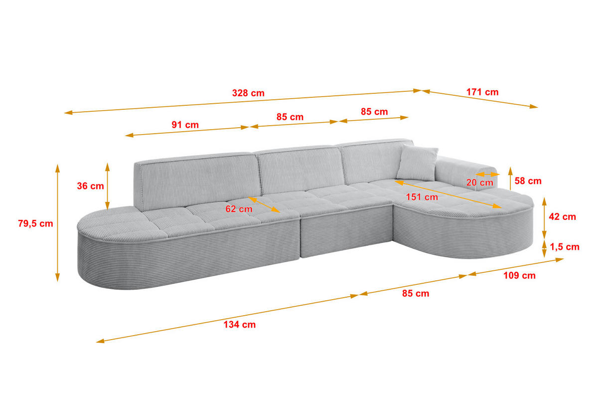 ECKSOFA Ottomane Rechts TARO-L2 - 328x171x79,5 cm Grau - Grau, Holzwerkstoff/Textil (328/171cm) - ALTDECOR