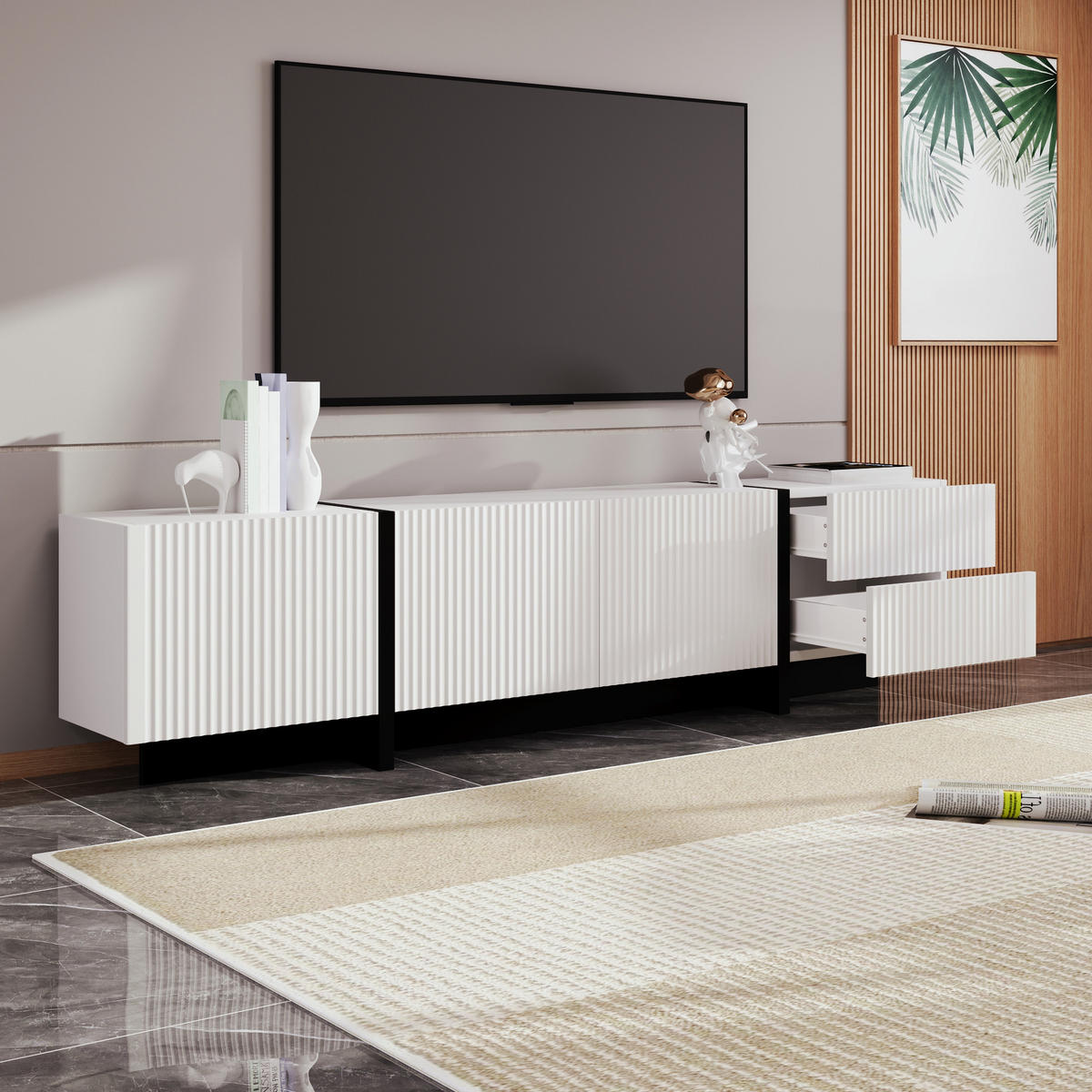 TV-SCHRANK Lowboard 190 cm 3 Türen 2 Schubladen - Schwarz, Holz (190/45/35cm) - Fortuna Lai