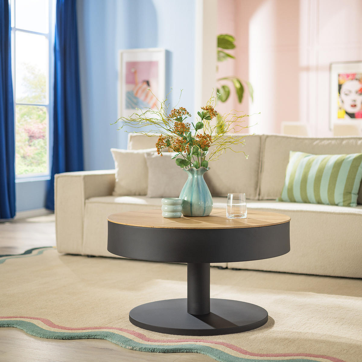 FUNKTIONALER COUCHTISCH - Eiche Dekor / Schwarz - Schwarz/Braun, Holzwerkstoff/Metall (79/79/45cm) - home24