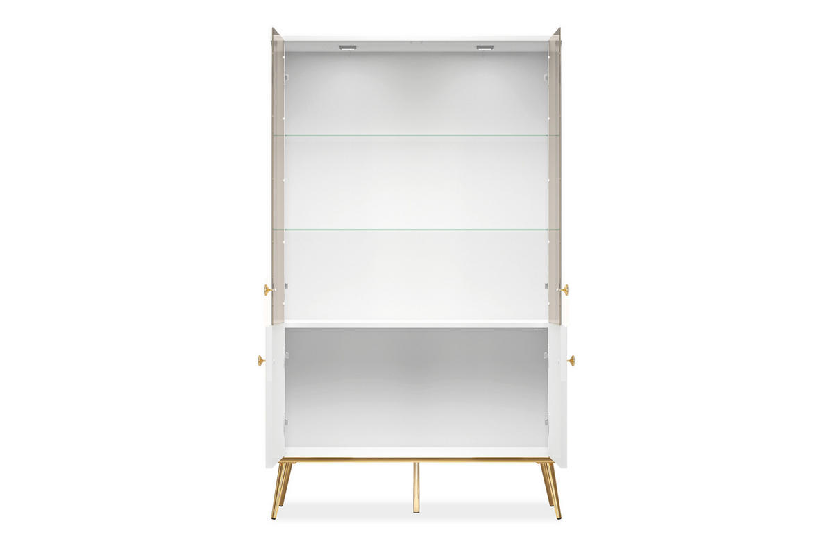 VITRINENSCHRANK ISORIA mit Beleuchtung, Glas Weiß - Goldfarben/Weiß, Holz/Metall (92/152/40cm) - KONSIMO®