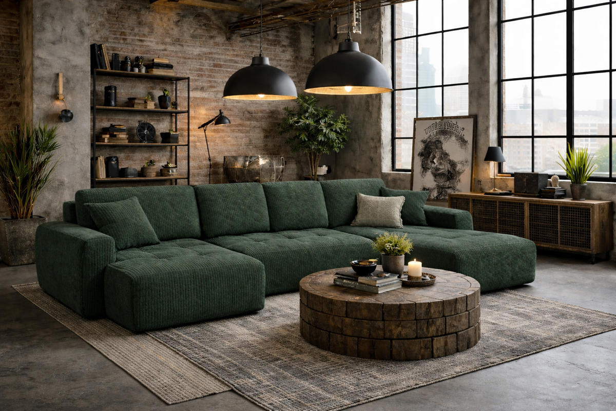 ECKSOFA Mit Schlaffunktion Und Bettkasten U-Form Ivo U, Cordstoff Poso, Grün - Grün, Holz (342/142cm) - Kaiser Möbel