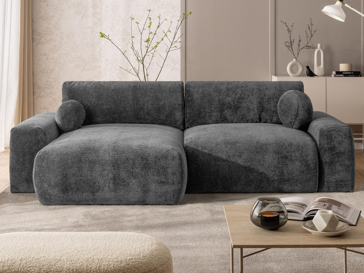 ECKSOFA Puffy mit Schlaffunktion und Bettkasten - besonders weich und puffig aus Dunkelgrau Stoff mit Chenillestruktur - Ottomane links - Dunkelgrau/Schwarz, Holz/Kunststoff (138/266cm) - S-Style Möbel