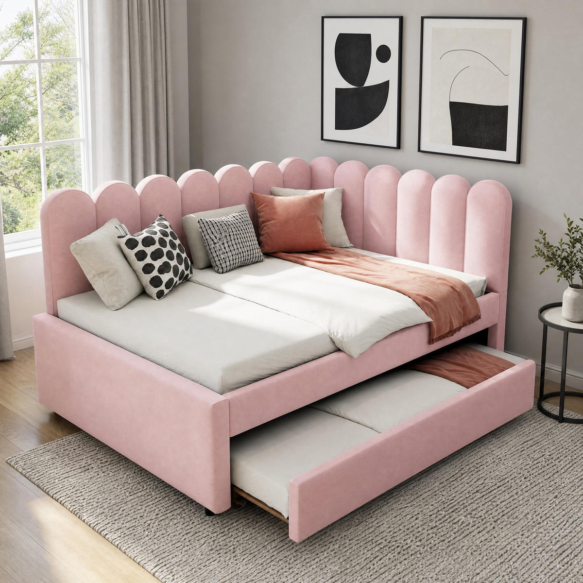 POLSTERBETT 140/200 mit Ausziehbett und L-förmiger, gepolsterter Blütenrückenlehne aus Samt in Rosa - Rosa, Holzwerkstoff/Textil (140/200cm) - EVRYAE