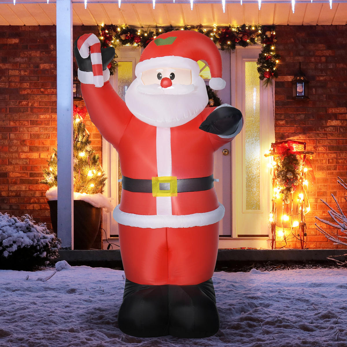 WEIHNACHTSDEKO aufblasbar , 2,4 m Weihnachtsmann mit LED-Beleuchtung Zuckerstange - Rot, Textil (90/240/160cm) - HOMCOM