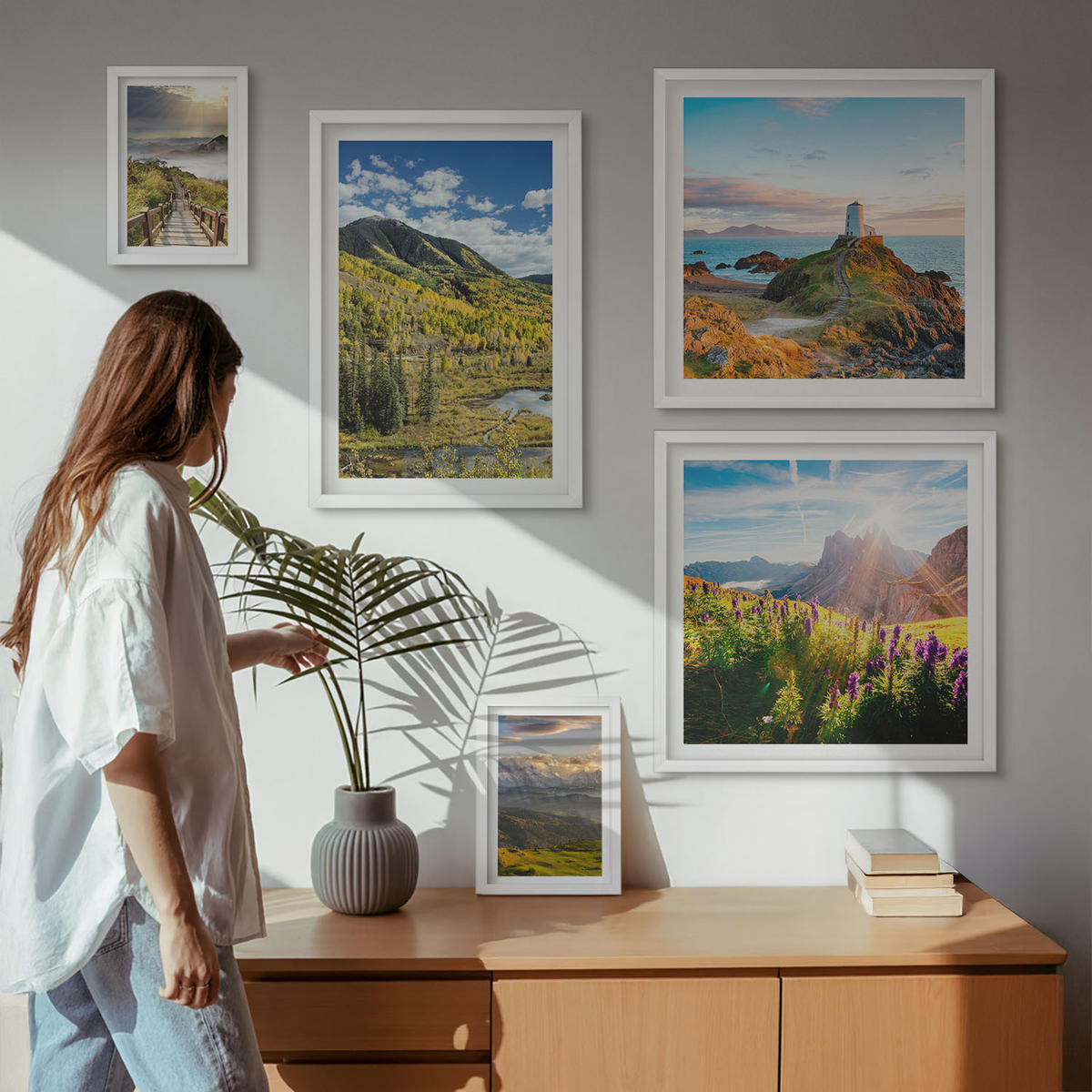 WANDBILDER 5er-Set - 50x50 cm & 20x30 cm & 40x60 cm Weißer Rahmen - Berglandschaften Wasserfall - Weiß, Kunststoff (40/60cm) - ArtPrintCave