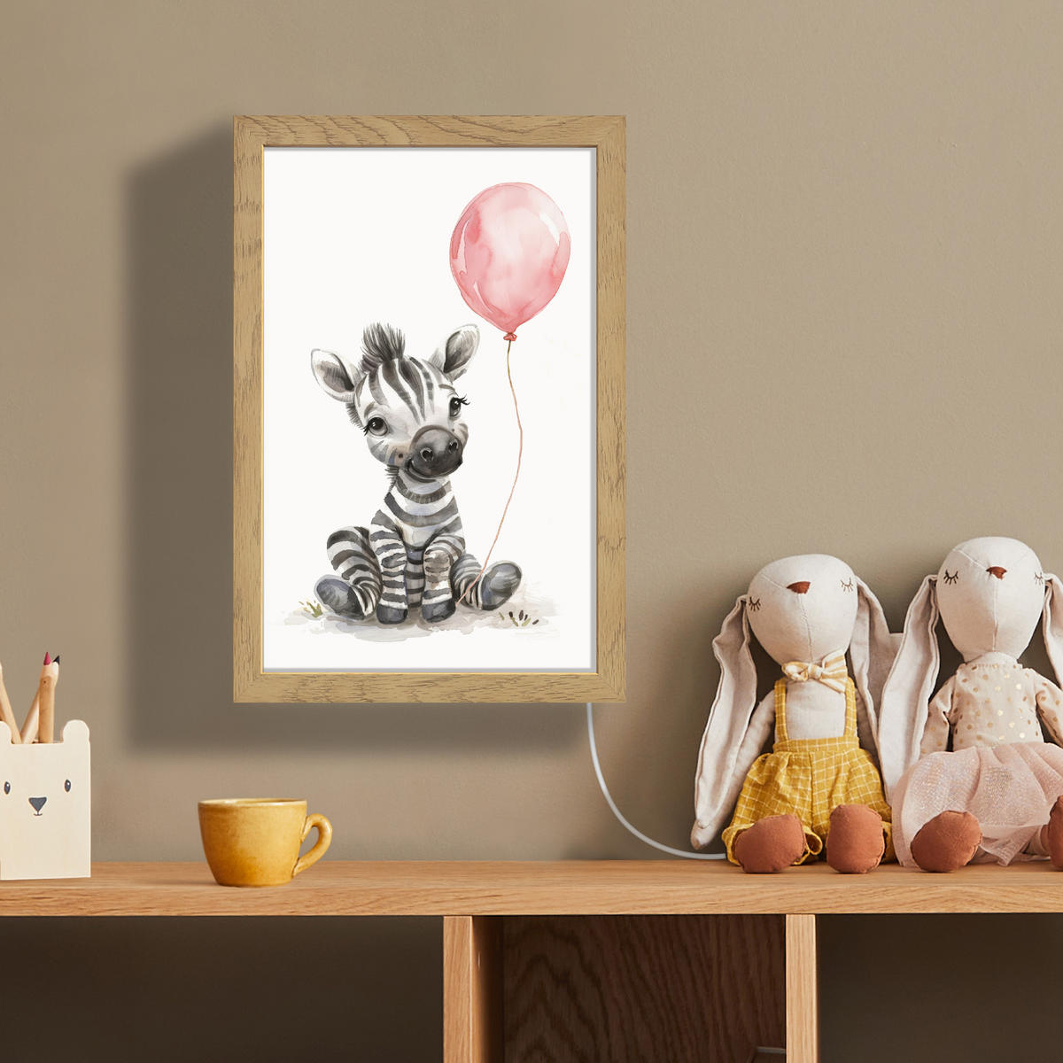 WANDLEUCHTE Zebra - Baby - Tiere - Rosa Luftballon 20x30 cm - Weiß, Holzwerkstoff (20/30/8cm) - OnlyWow