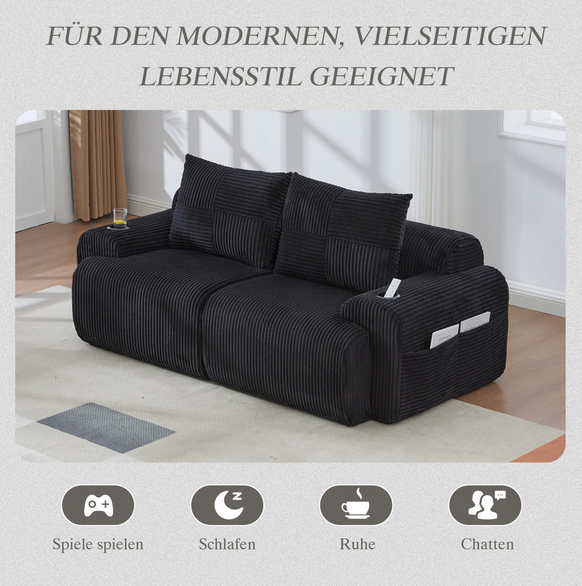 2-SITZER-SOFA 200/99/80 cm in Schwarz mit Cupholder und Seitentasche - Schwarz, Textil (99/80/200cm) - Flora Grace