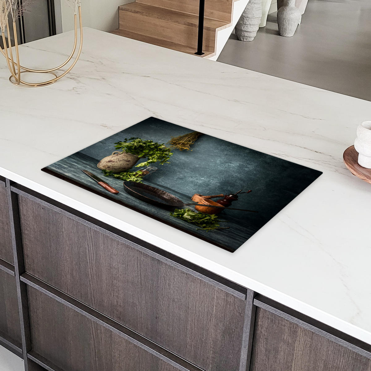 HERDABDECKPLATTE Kräuter - Gewürze - Pfanne - Messer - Grau - Rustikal Induktionsmatte 77x51 cm - Petrol, Kunststoff (77/51/0.2cm) - MuchoWow