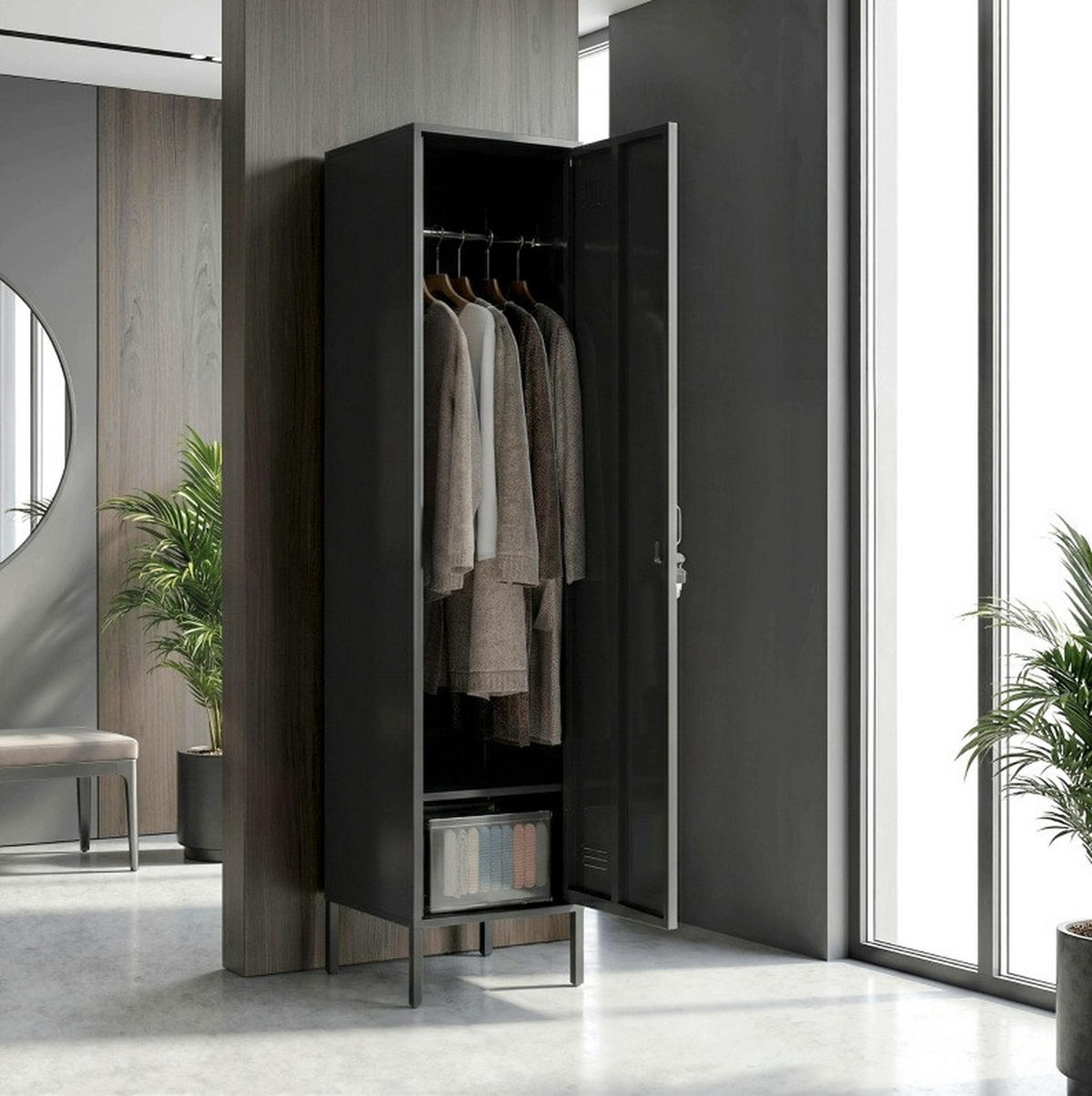 MEHRZWECKSCHRANK 40/40/179 cm mit abschließbarer Tür, Kleiderstange und Fachboden, Stahl, Schwarz - Schwarz, Metall (40/179/40cm) - Redom