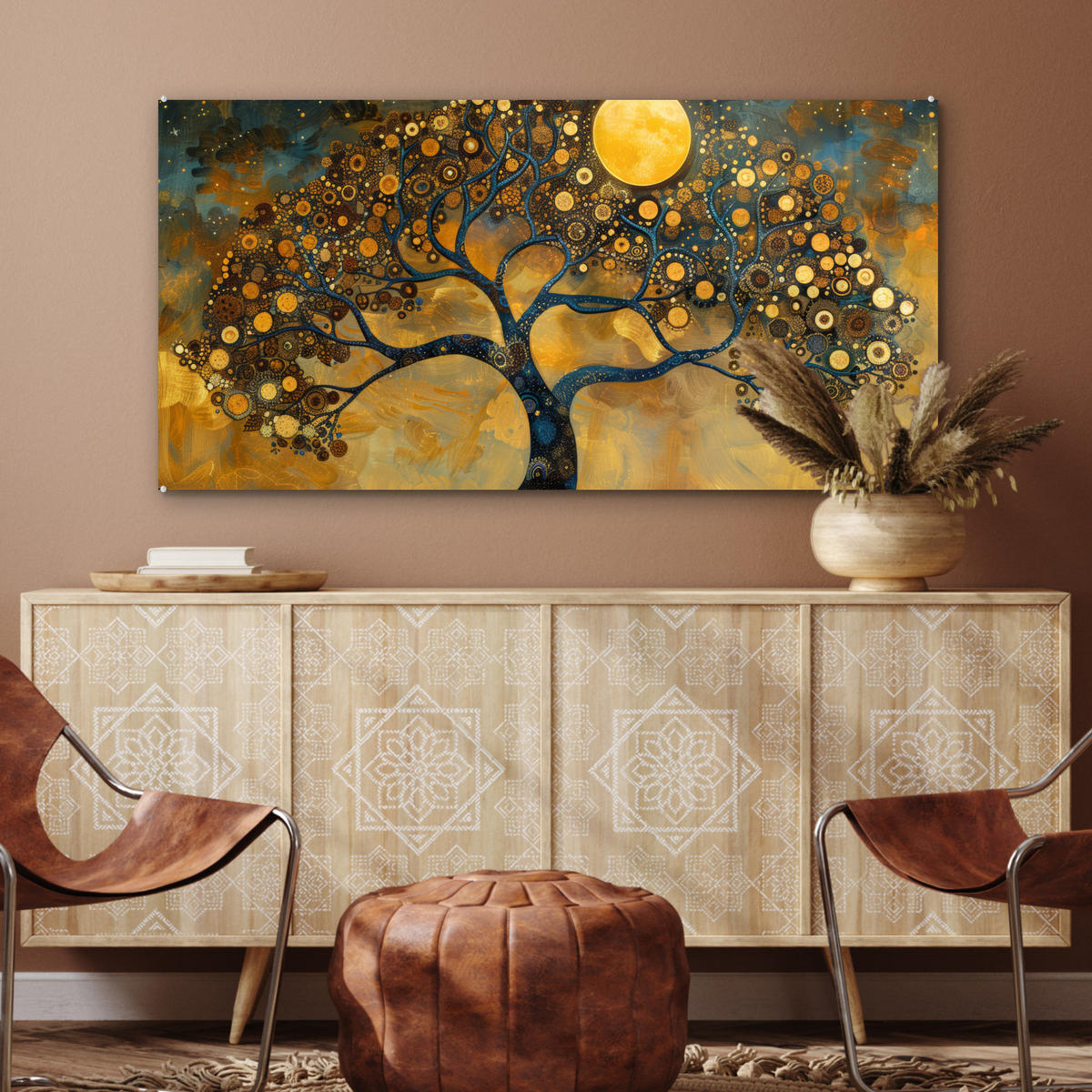 ACRYLGLASBILD Baum - Mond - Blumen - Gold - Kunst 120x60 cm - Orange, Glas (120/60cm) - MuchoWow