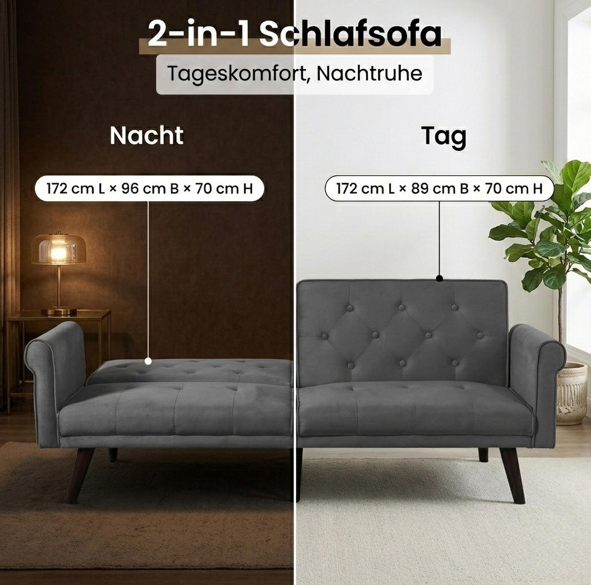 SCHLAFSOFA aus Samt in Grau mit verstellbaren Rückenlehnen - Grau, Textil (172/70/89cm) - Modfu