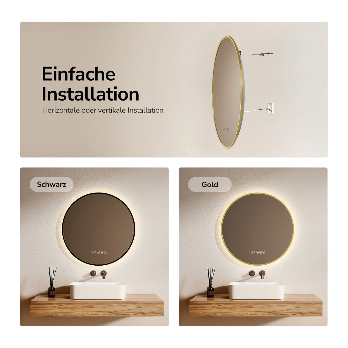 BADSPIEGEL mit LED-Beleuchtung, Anti-Beschlag-Funktion und Uhrzeitanzeige, Goldfarben, Ø 80 cm - Goldfarben, Glas (80/80/3cm) - EMKE