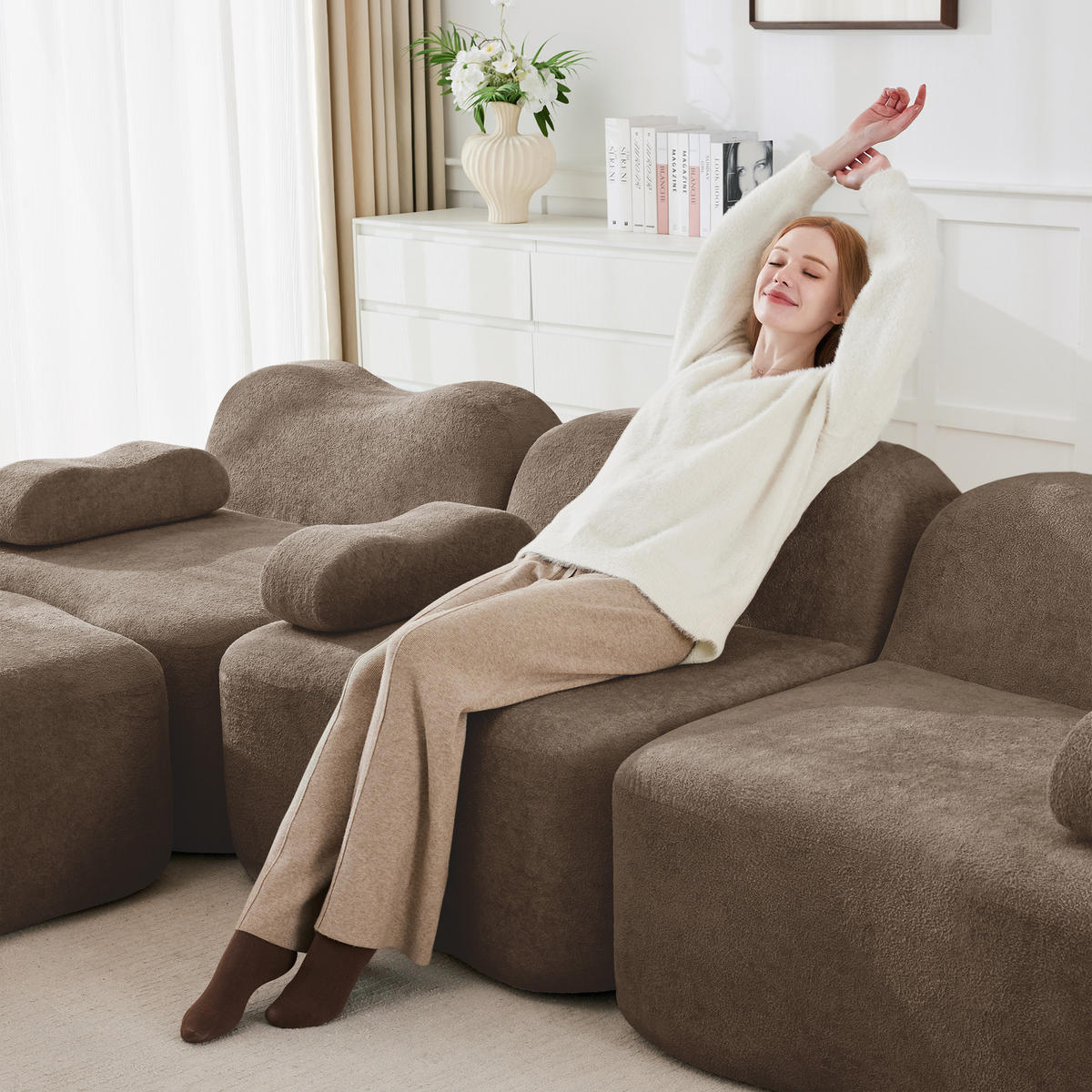 4-SITZER Sofa 384x98x70 cm aus Samtstoff rahmenlos modular, braun - Braun, Textil (98/70/384cm)