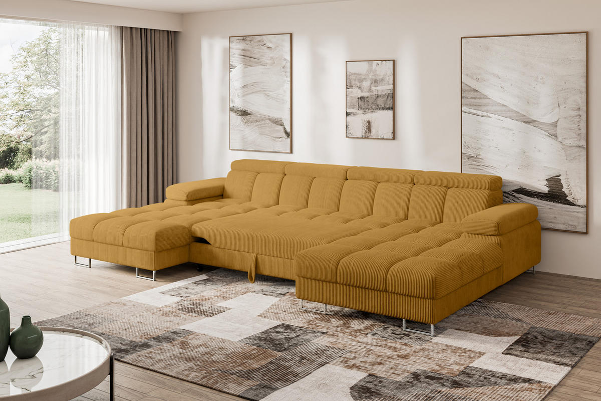 WOHNLANDSCHAFT mit Schlaffunktion und Bettkasten COMA U2 345x203x79 Senfgelb Cord - Honig, Holzwerkstoff/Textil (345/79/203cm) - ALTDECOR