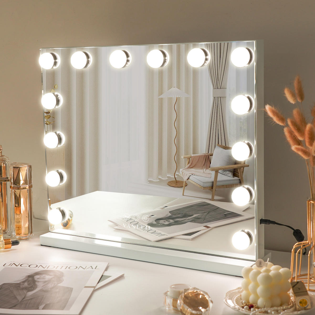 SCHMINKSPIEGEL mit LED-Beleuchtung weiß 50/40 cm - Weiß, Metall (50/40/3cm) - VANITII