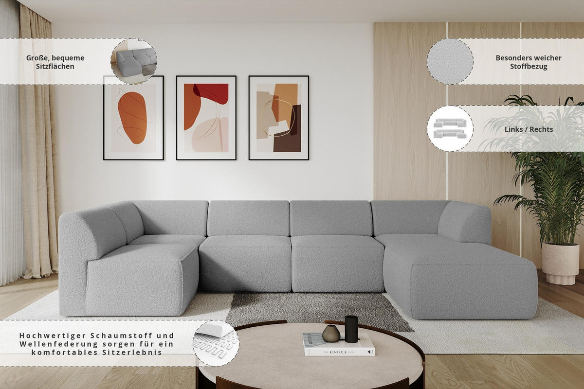 WOHNLANDSCHAFT Ottomane Rechts MOVA 345x180x78 Hellgrau Bouclé - Silberfarben/Hellgrau, Holzwerkstoff/Kunststoff (345/78/180cm) - ALTDECOR