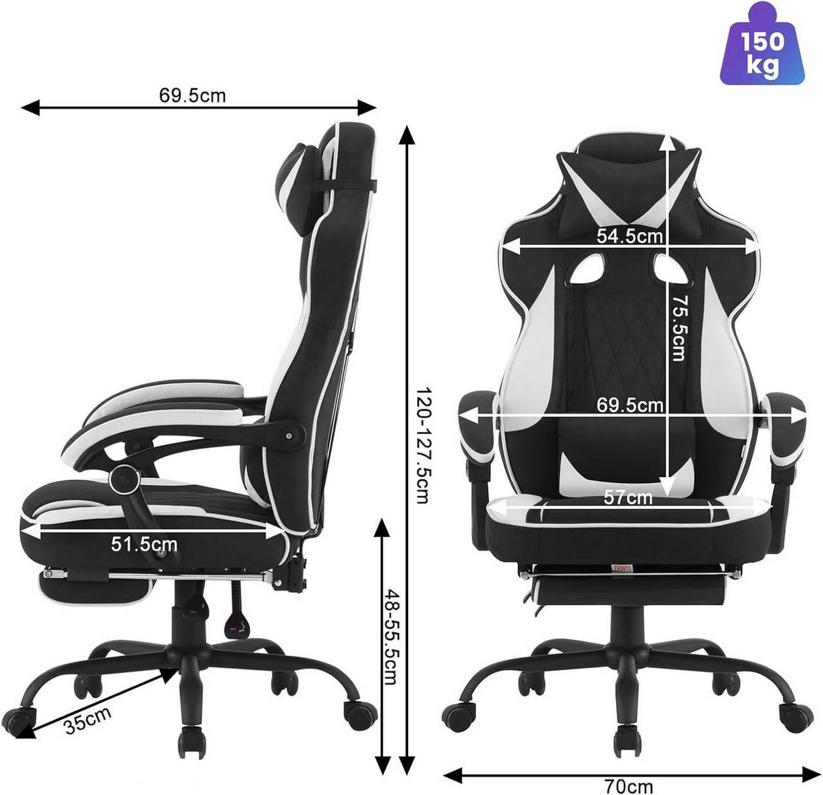 GAMINGSTUHL Leathaire-Stoff, Schwarz+Weiß - Schwarz/Weiß, Kunststoff/Textil (70/120/70cm) - Woltu