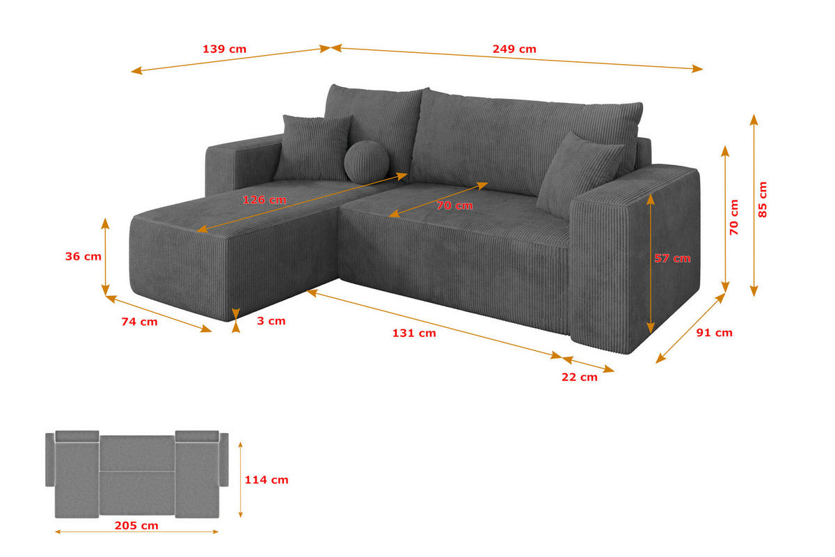ROHOVÁ SEDAČKA s funkcí spaní, otoman vlevo SENO-L 249x139x85 tmavě šedá manšestr - černá/tmavě šedá, kompozitní dřevo/textil (249/139cm) - ALTDECOR