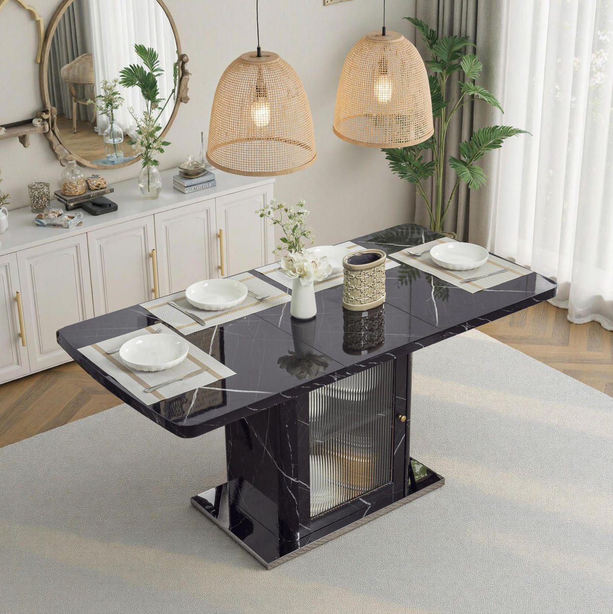 BLAGOVAONSKI stol 120-160/80/76 cm crni od MDF-a i čelika s razvlačivom pločom i ormarićem - crna, staklo (160/80/76cm) - OKWISH