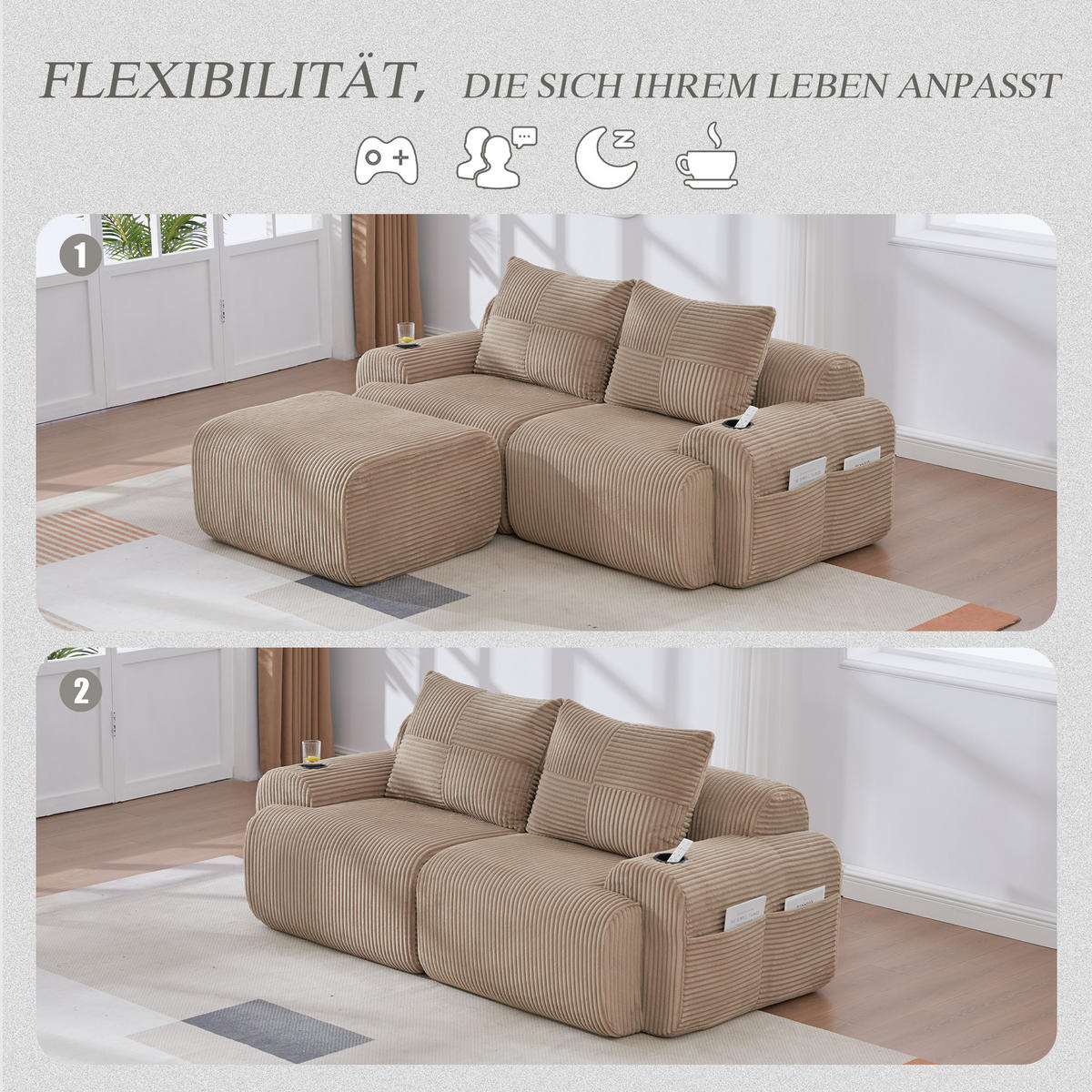 MODULARES 2-Sitzer Sofa Cord mit Getränkehalter und Seitentasche 200/174/80 cm Sandfarben - Sandfarben, Textil (174/200cm) - Redom