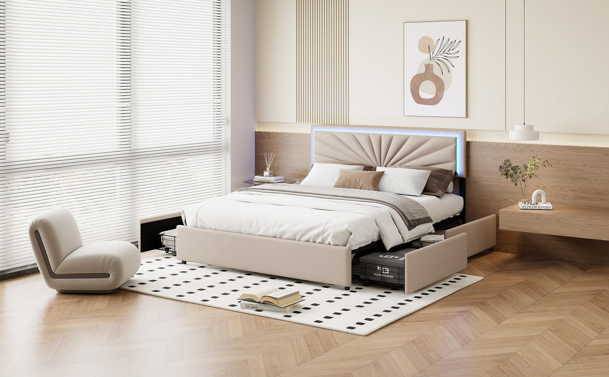 ČALÚNENÁ posteľ 160x200cm ľanová LED - béžová, kompozitné drevo (160/200cm) - SHOPENTRA