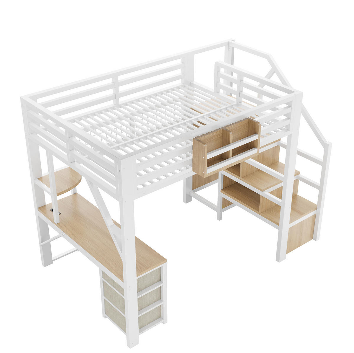 HOCHBETT 140/200 cm Weiß mit Treppenschrank und Schreibtisch - Weiß, Metall (140/200cm) - MIVRAY
