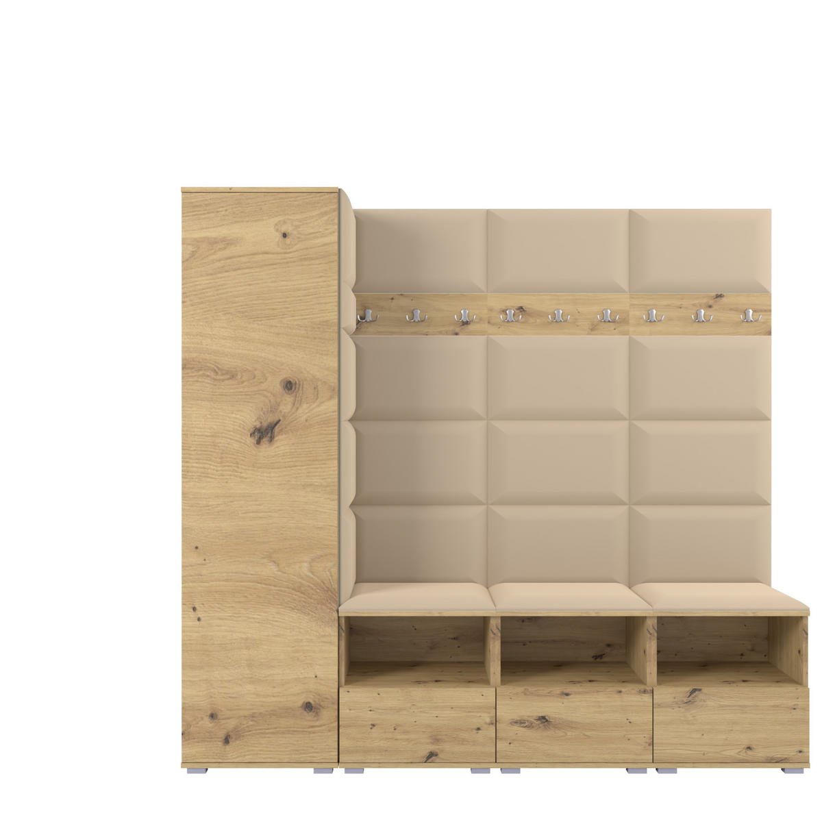 GARDEROBE NELA IX 200 cm (Modulare Flurmöbel Artisan Eiche mit Sitzpolster Beige 04 Breite Sitzbank) - Beige/Silberfarben, Holz/Holzwerkstoff (200/187/40cm) - Ravio