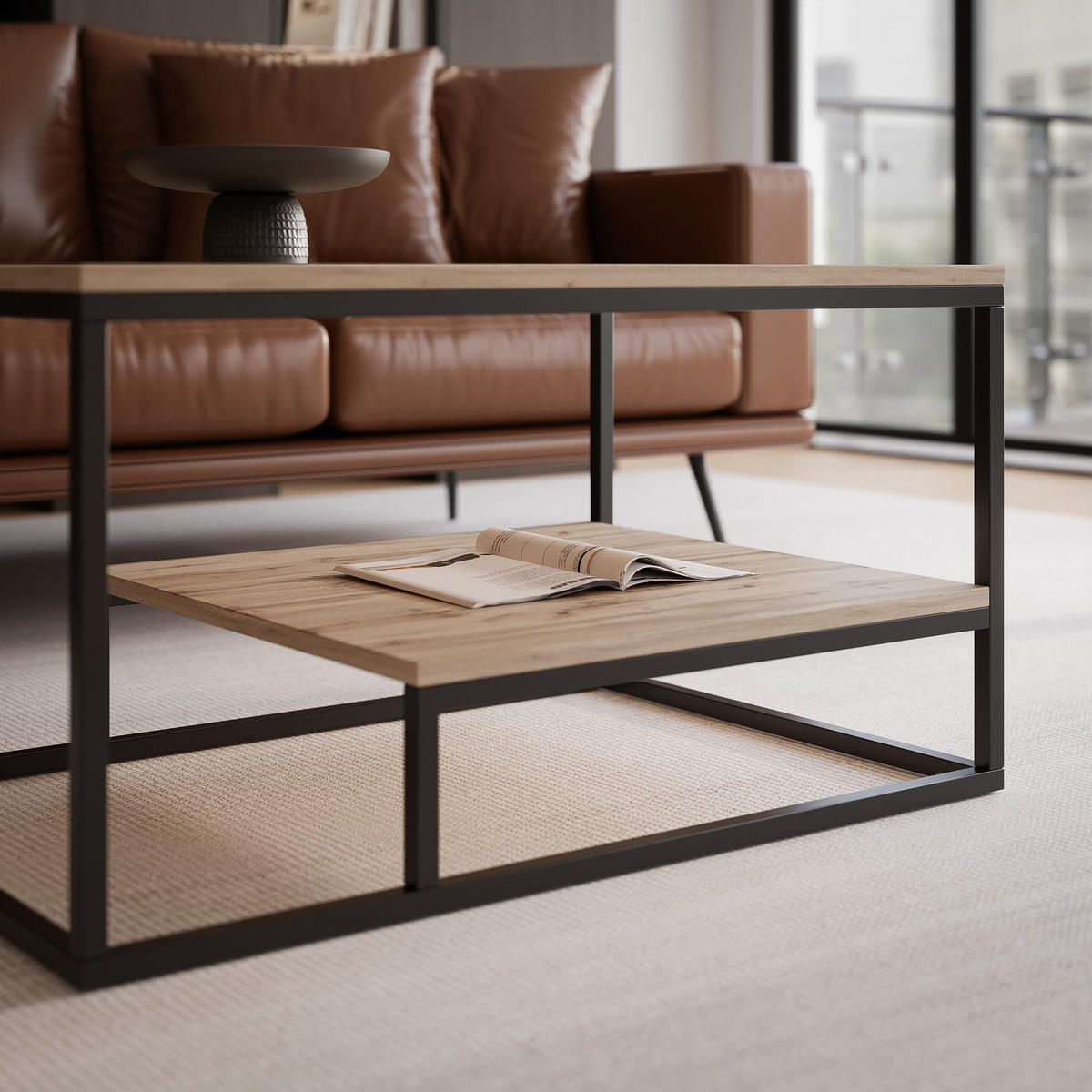 COUCHTISCH LETO 90/68/48 cm, rechteckig, Schwarz / Wotan-Eiche - Eiche Wotan/Schwarz, Holzwerkstoff/Metall (68/90/48cm) - Idohome