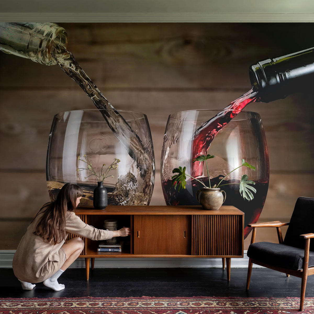 FOTOTAPETE 104x70 cm - Gläser Wein - Grau, Textil (104/70cm) - Wallfluent