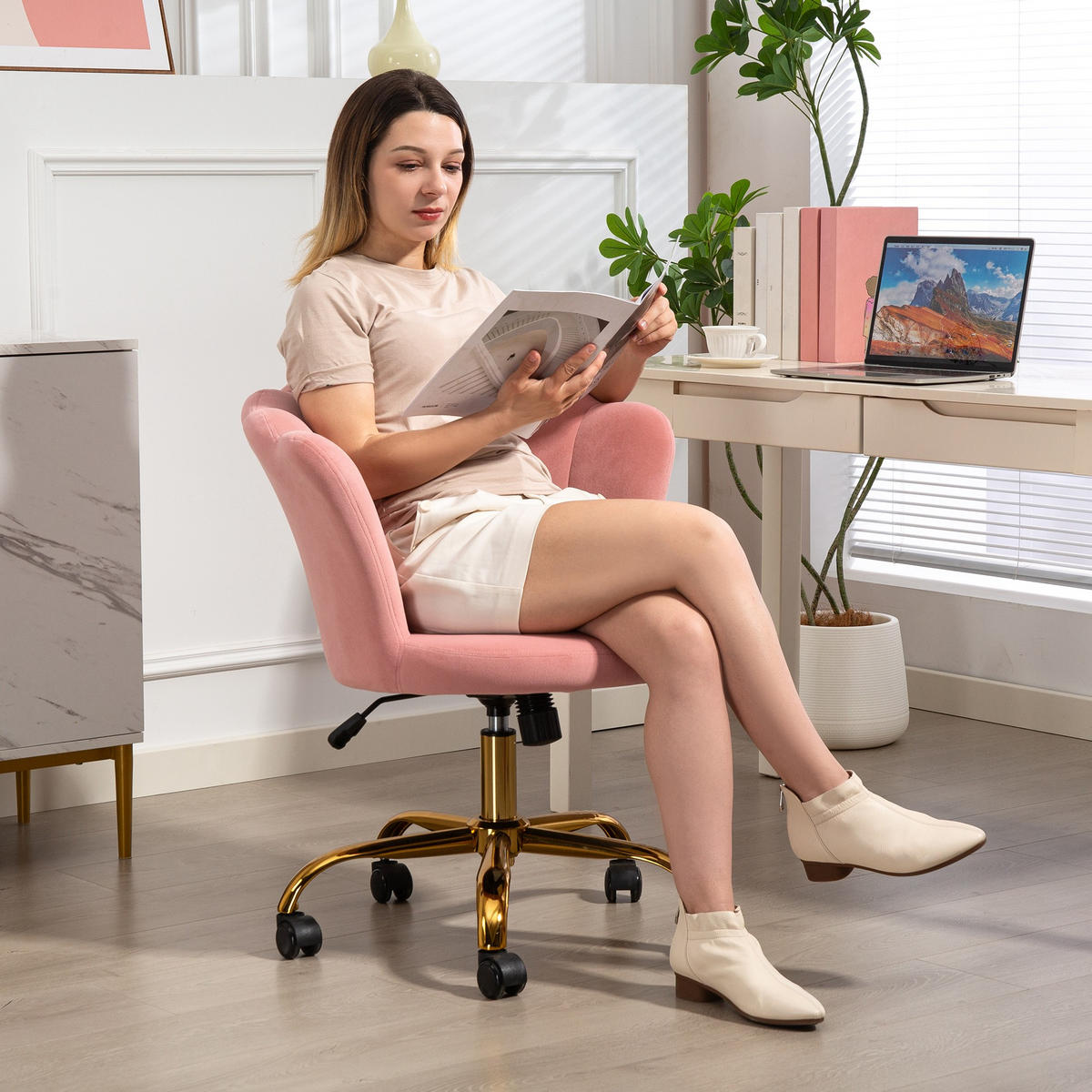DREHSTUHL DE-11750 höhenverstellbar Teddy-Plüsch Creme - Pink, Textil (64/90/69cm) - ComfortXL