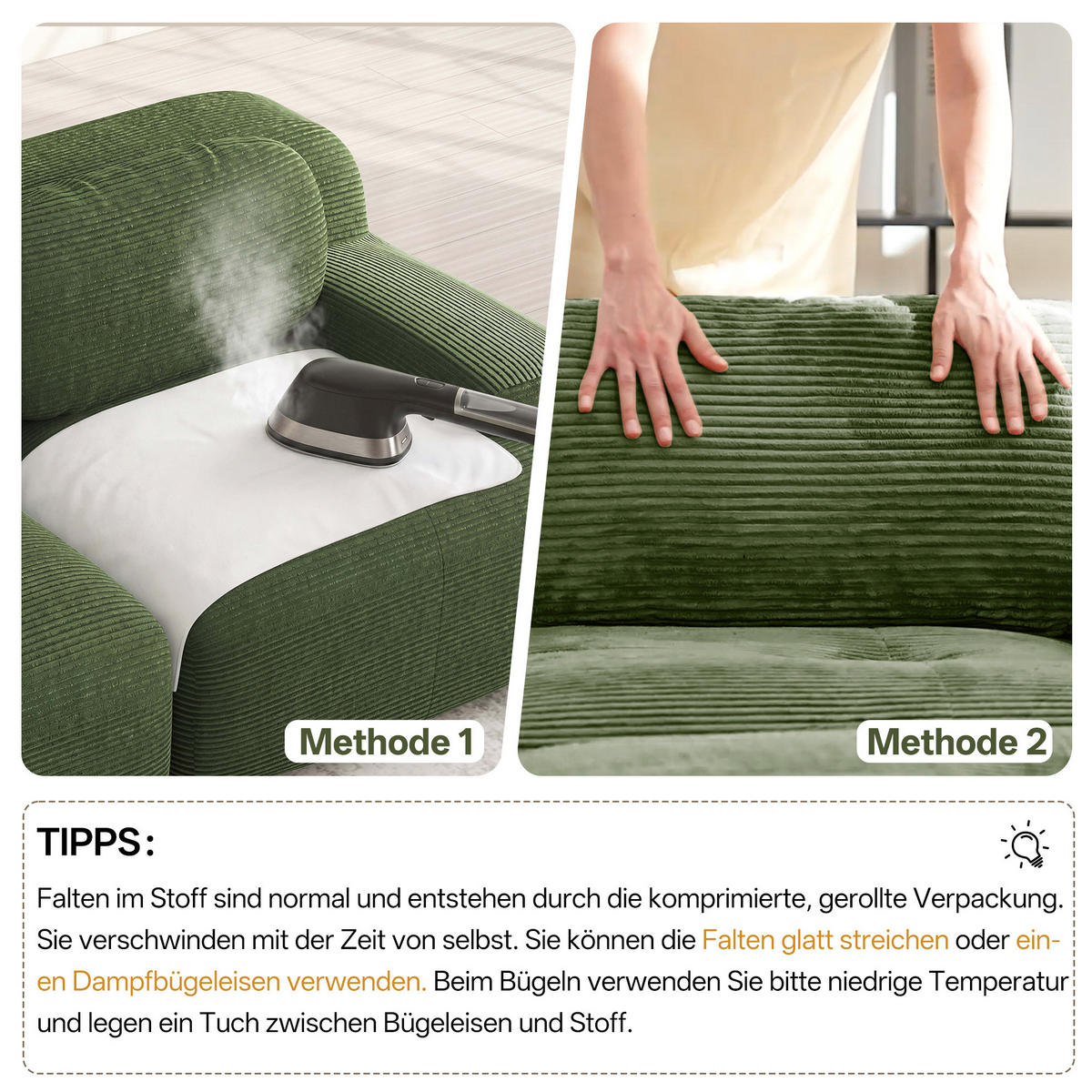 ECKSOFA in Grün aus Cordstoff, modular, rahmenlos und ohne Montage - Grün, Textil (178/208cm) - Flora Grace