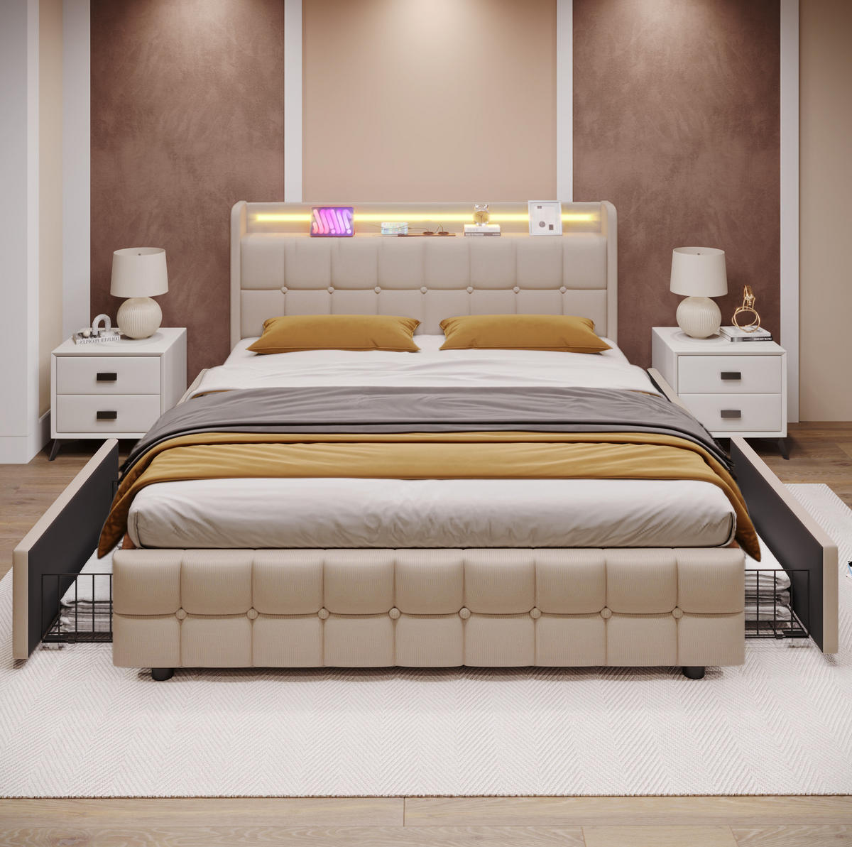 POLNJENA postelja iz lesa 180x200 cm bež/siva z LED osvetlitvijo, USB priključki, vtičnicami in 4 predali - bež, tekstil (180/200cm) - Modfu