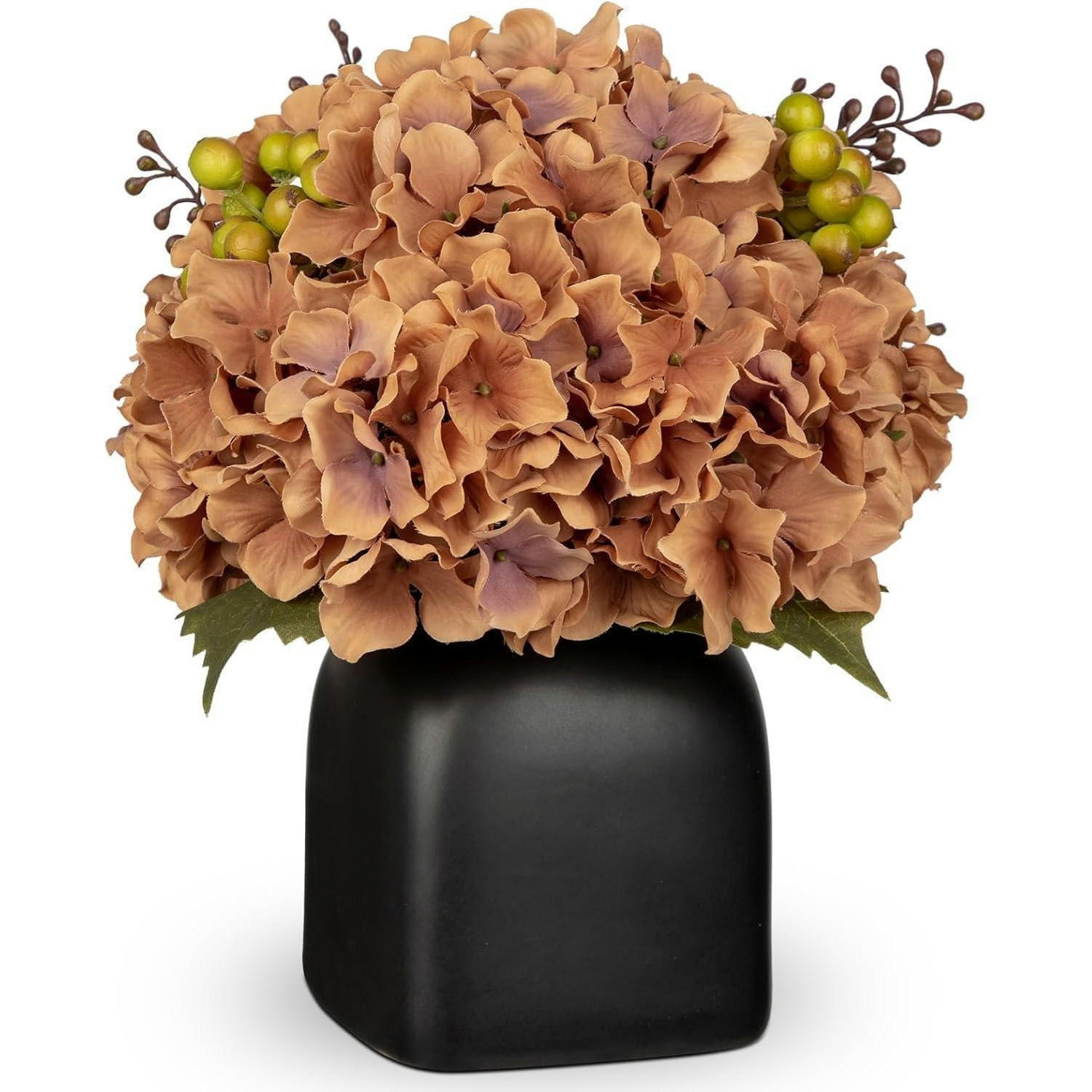 KUNSTBLUMEN Hortensien mit Beeren in schwarzer Keramikvase 31 cm - Braun, Keramik (33cm)