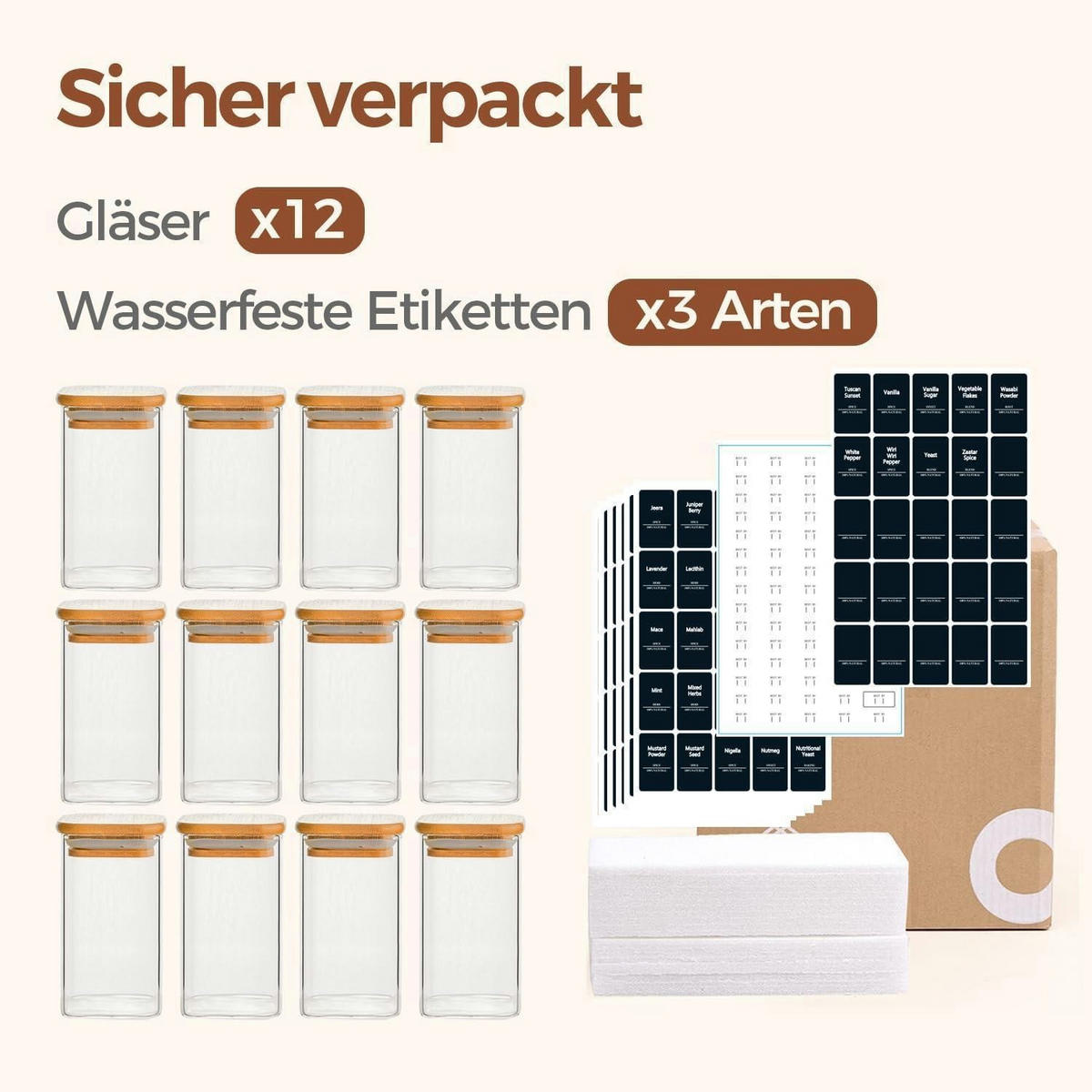 GEWÜRZGLÄSER 12-teiliges Set 300 ml Glas mit Holzdeckel - Multicolor, Glas (6/12.6/6cm)