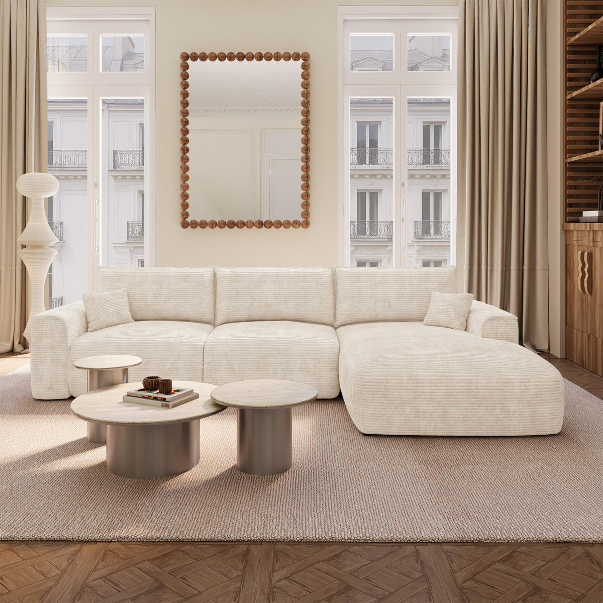 ECKSOFA rechtwinklig COMO Cord Creme 297cm - Creme, Textil (297/167cm) - Premium Interiors