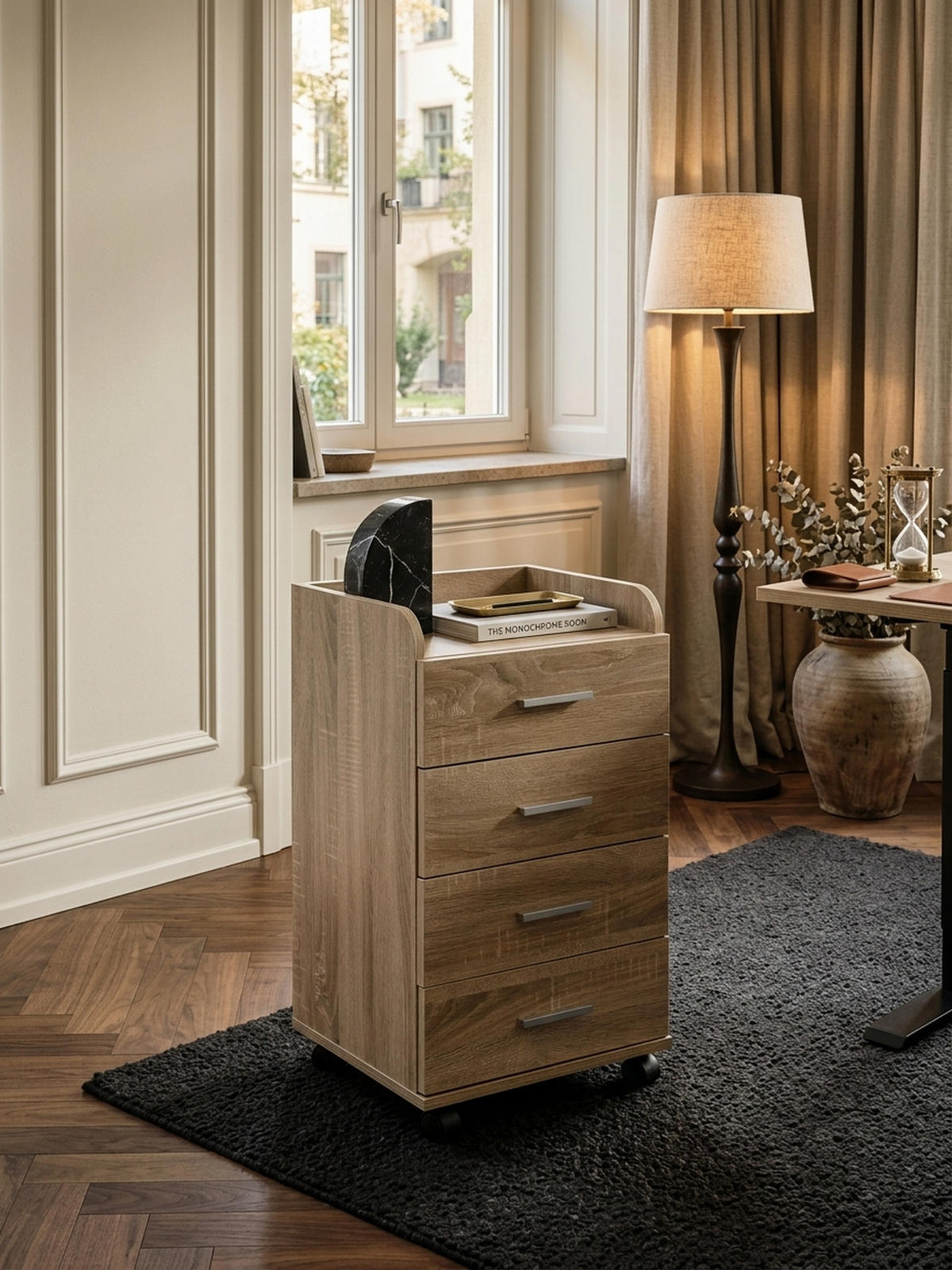 ROLLCONTAINER 4 Schubladen Ablage Melaminbeschichtet ISONZO, Beige 40x33x71 cm - Beige/Schwarz, Holz/Kunststoff (40/71/33cm) - KADIMA DESIGN