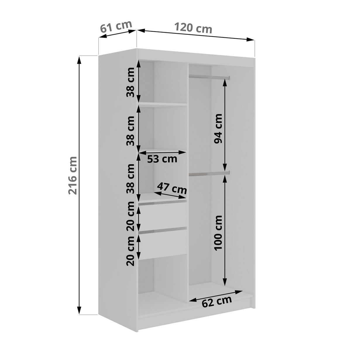 SCHWEBETÜRENSCHRANK mit Schubladen 120 - MACEDONIA - Weiß - Alufarben/Weiß, Holzwerkstoff/Metall (120/216/61cm) - MKS