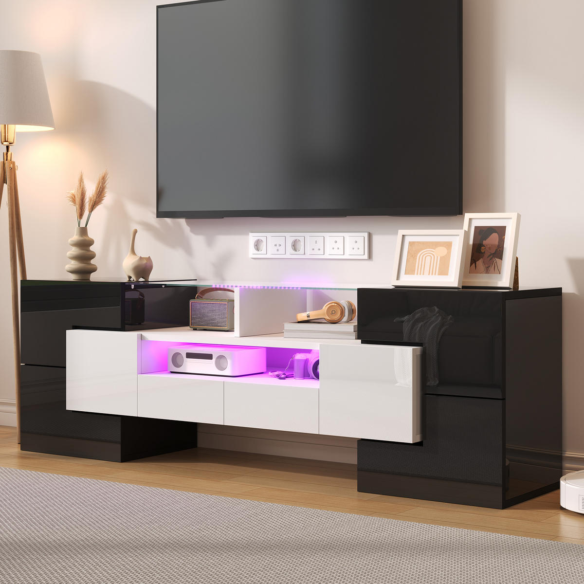 LOWBOARD in Weiß und Schwarz mit LED und Glasoberfläche für Wohnzimmer, 145/B30/H51cm - Schwarz/Weiß, Glas/Holzwerkstoff (145/51/30cm) - STILVORA