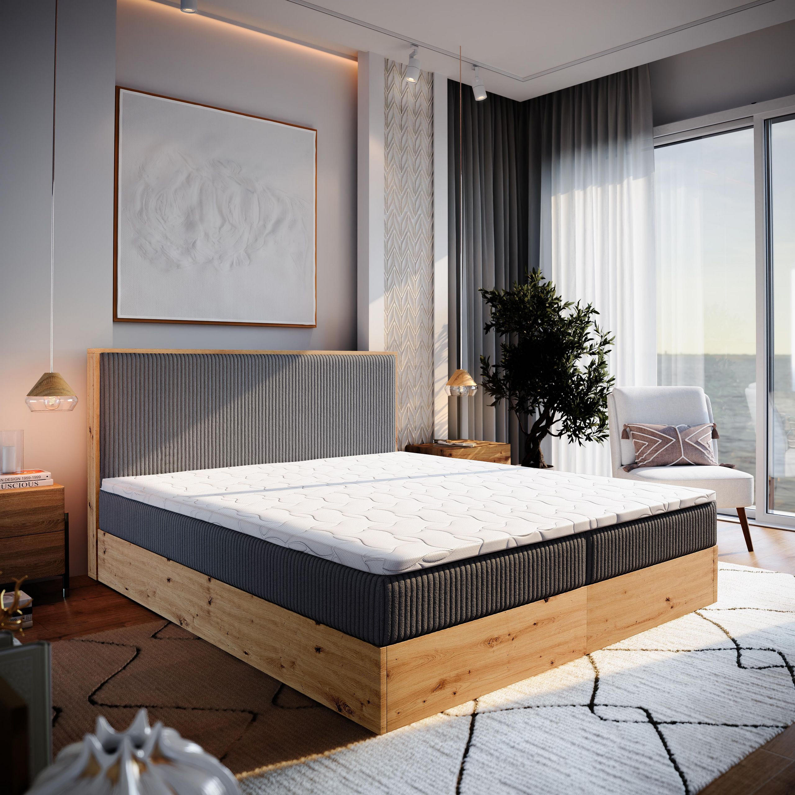 BOXBETT VERDON 140x200 cm mit Matratze und Topper - Graphitfarben - Graphitfarben, Holz (140/200cm) - MASSENO