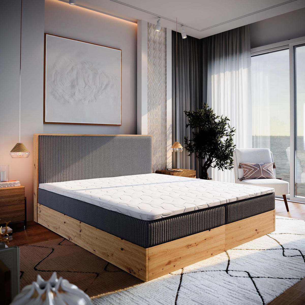 BOXBETT VERDON 180x200 cm mit Matratze und Topper - Graphitfarben - Graphitfarben, Holz (180/200cm) - MASSENO