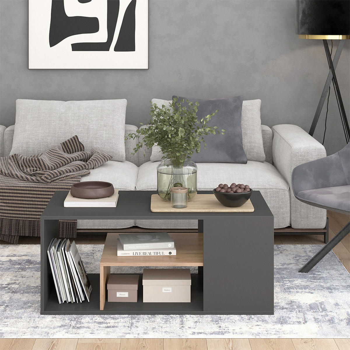 COUCHTISCH Edgar Anthrazit/Goldkraft Eiche 110 x 59 cm - Anthrazit/Eiche Wotan, Holzwerkstoff (59/110/47cm) - Vicco