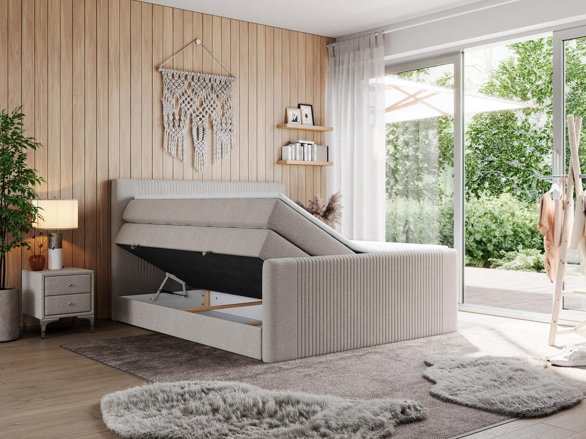 BOXSPRINGBETT KING DOREN 160/200 Beige Struktur - H3 - Beige, Holz/Textil (160/200cm) - MKS